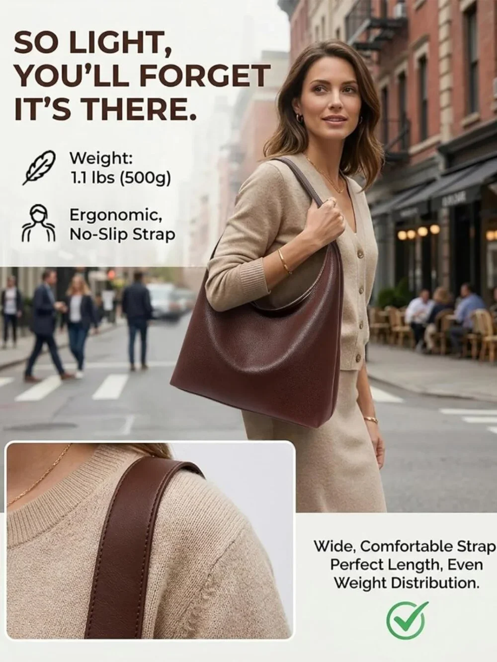 Spacious Vegan Leather Hobo Bag, Soft Shoulder Tote with Zipper & Pockets, Fits
